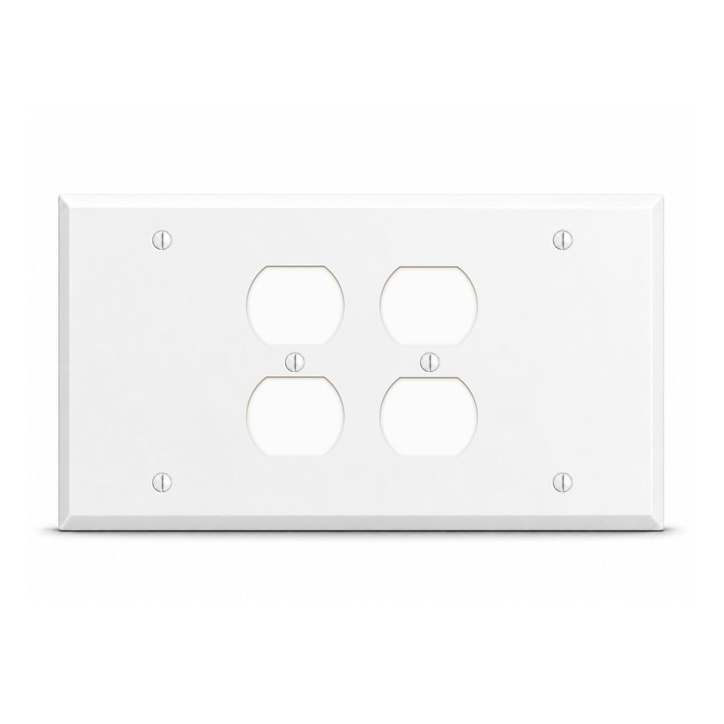 4-Gang, Standard Size, (1) Blank, (2) Duplex, (1) Blank Configuration, White Semi-Gloss Painted Metal Wall Plate Outlet Cover - Made in USA