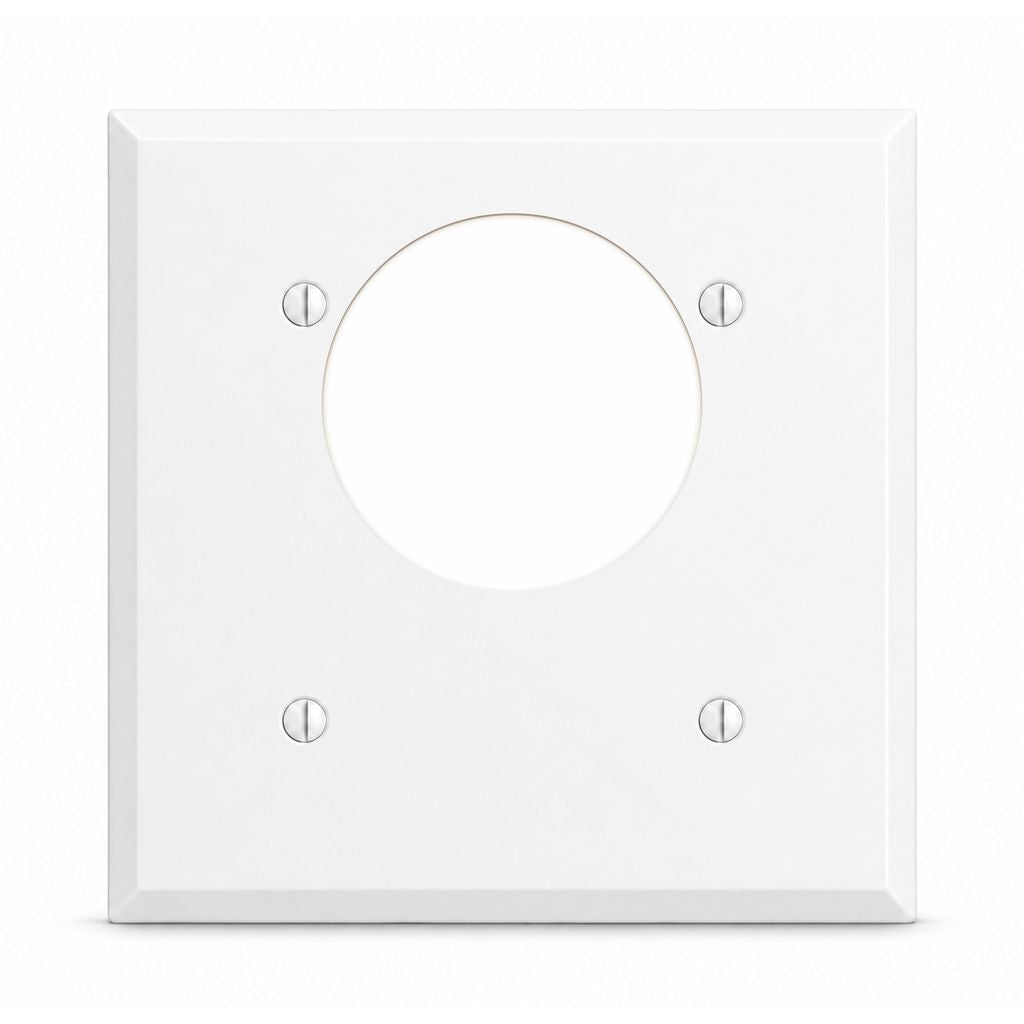 2-Gang, Standard Size, 30/50A 3 & 4 Wire Range/Dryer Round Receptacle Opening (2.165 in. ID) Offset, White Semi-Gloss Finish, Painted Metal Wall Plate Outlet Cover - Made in USA