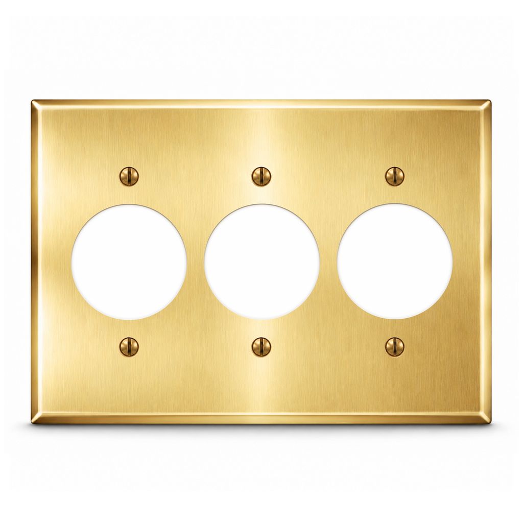 3-Gang, Standard Size, 3 Single Receptacle Openings, Satin Brass Finish, Solid Brass Wall Plate Outlet Cover - Made in USA