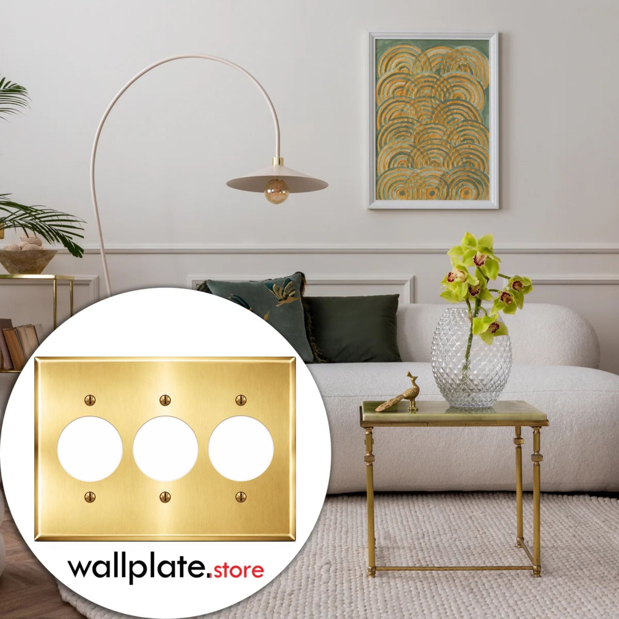 3-Gang, Standard Size, 3 Single Receptacle Openings, Satin Brass Finish, Solid Brass Wall Plate Outlet Cover - Made in USA