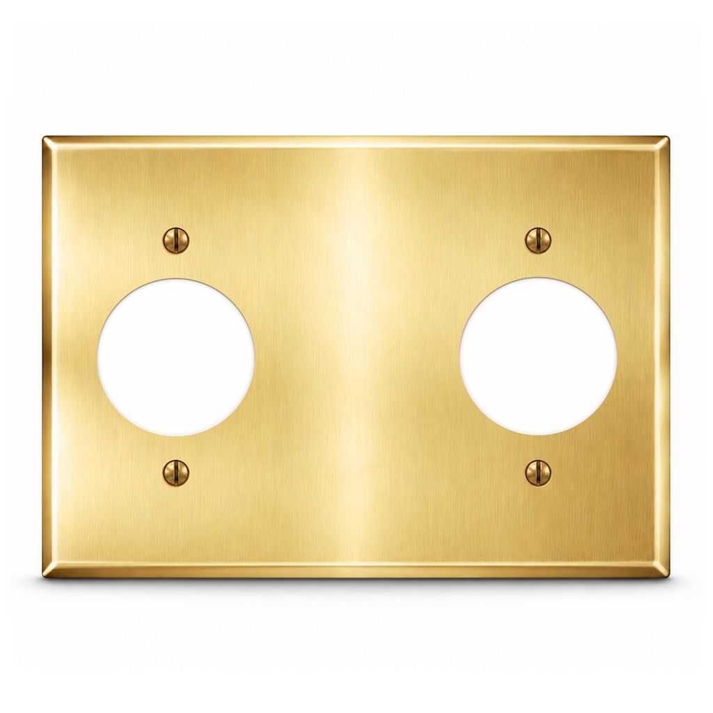 3-Gang, Standard Size, 2 20A TL Round Receptacle Openings, Satin Brass Finish, Metallic Wall Plate Outlet Cover - Made in USA