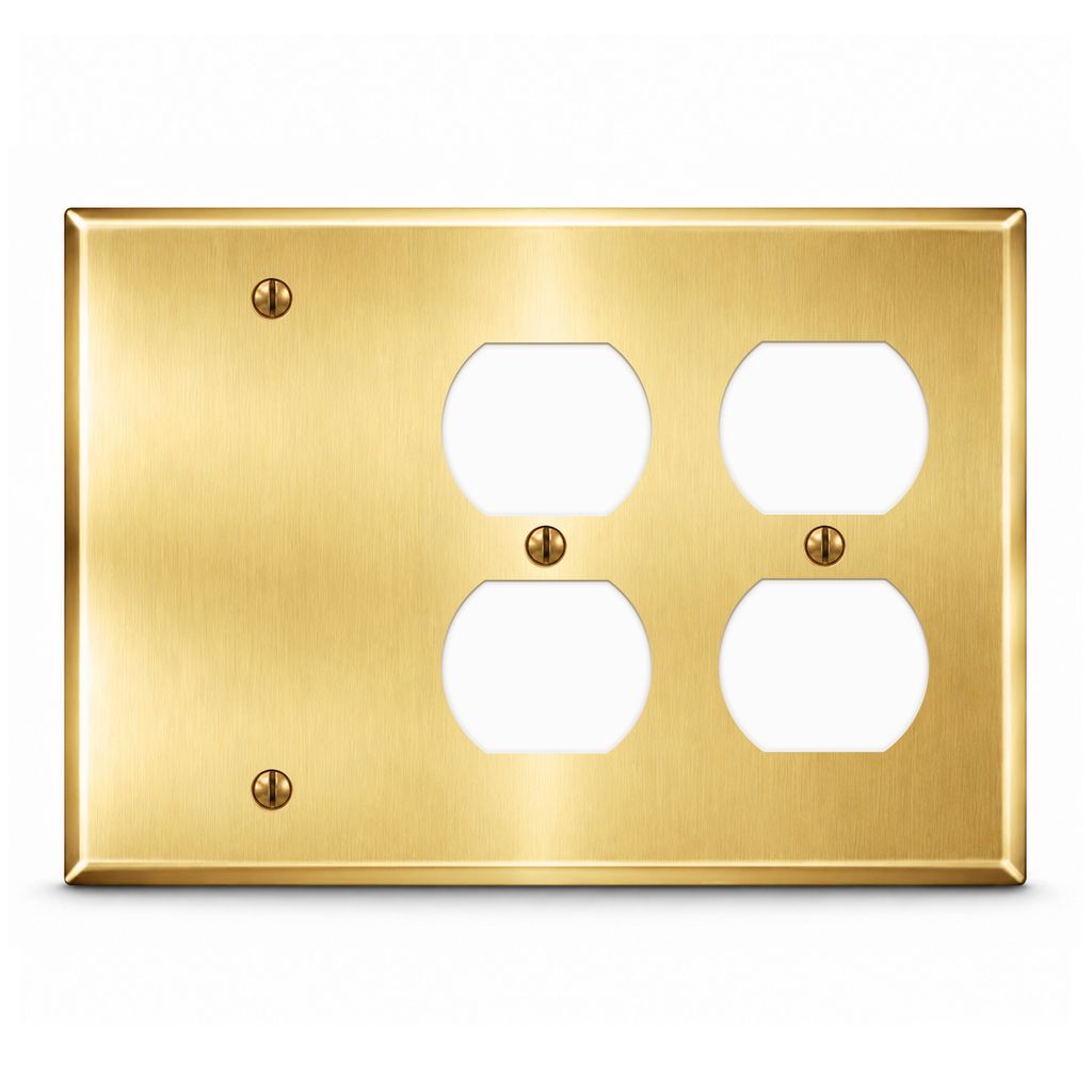 3-Gang, Standard Size, 1 Blank Opening, 2 Duplex Outlet Openings, Satin Brass Finish, Metal Wall Plate Outlet Cover - Made in USA
