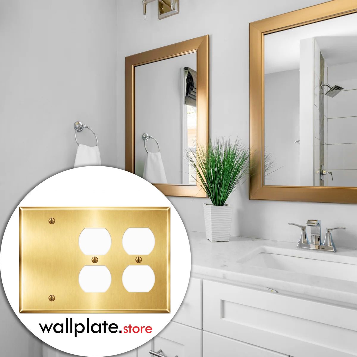 3-Gang, Standard Size, 1 Blank Opening, 2 Duplex Outlet Openings, Satin Brass Finish, Metal Wall Plate Outlet Cover - Made in USA