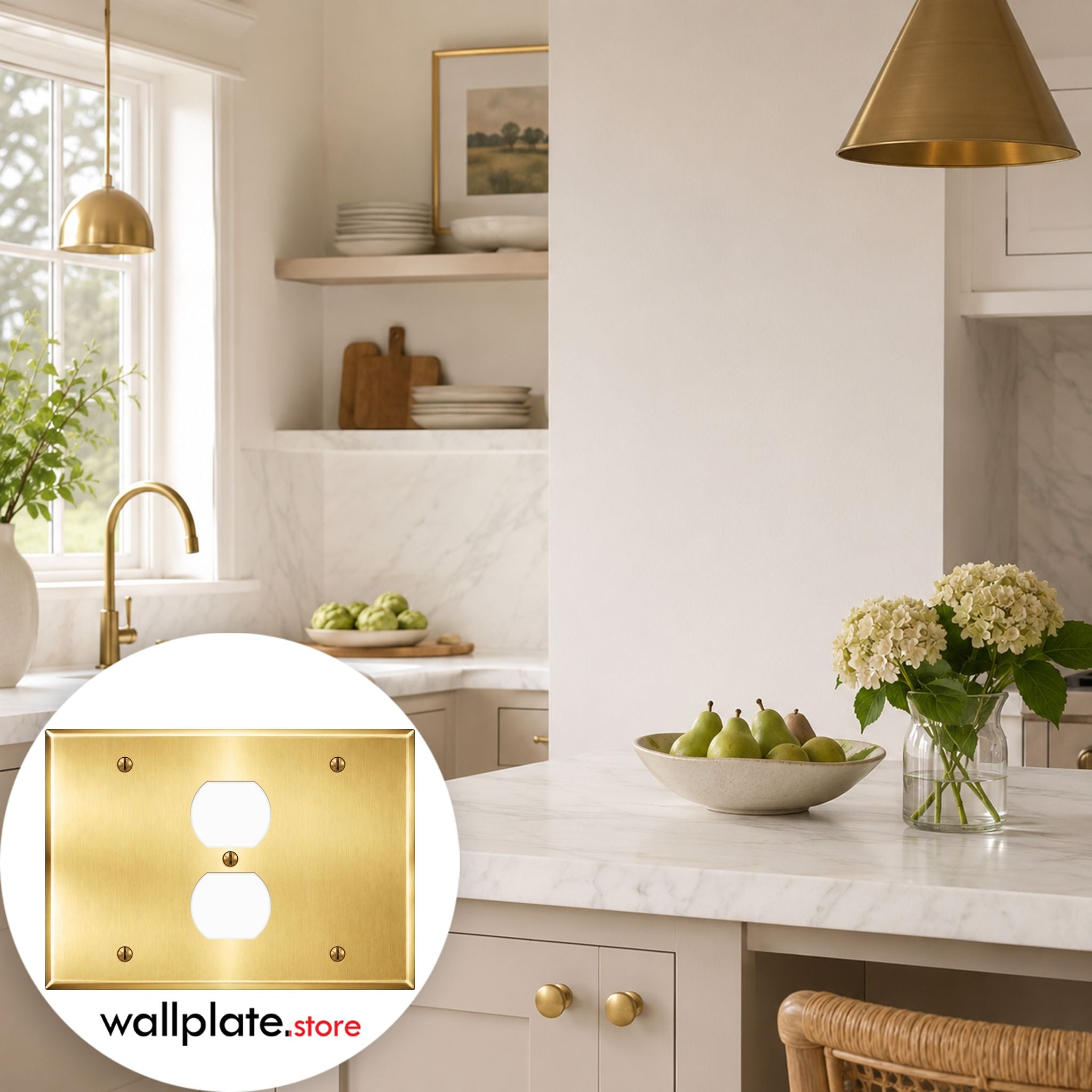 3-Gang, Standard Size, (1) Blank, (1) Duplex, (1) Blank Opening, Satin Brass Finish, Metal Wall Plate Outlet Cover - Made in USA