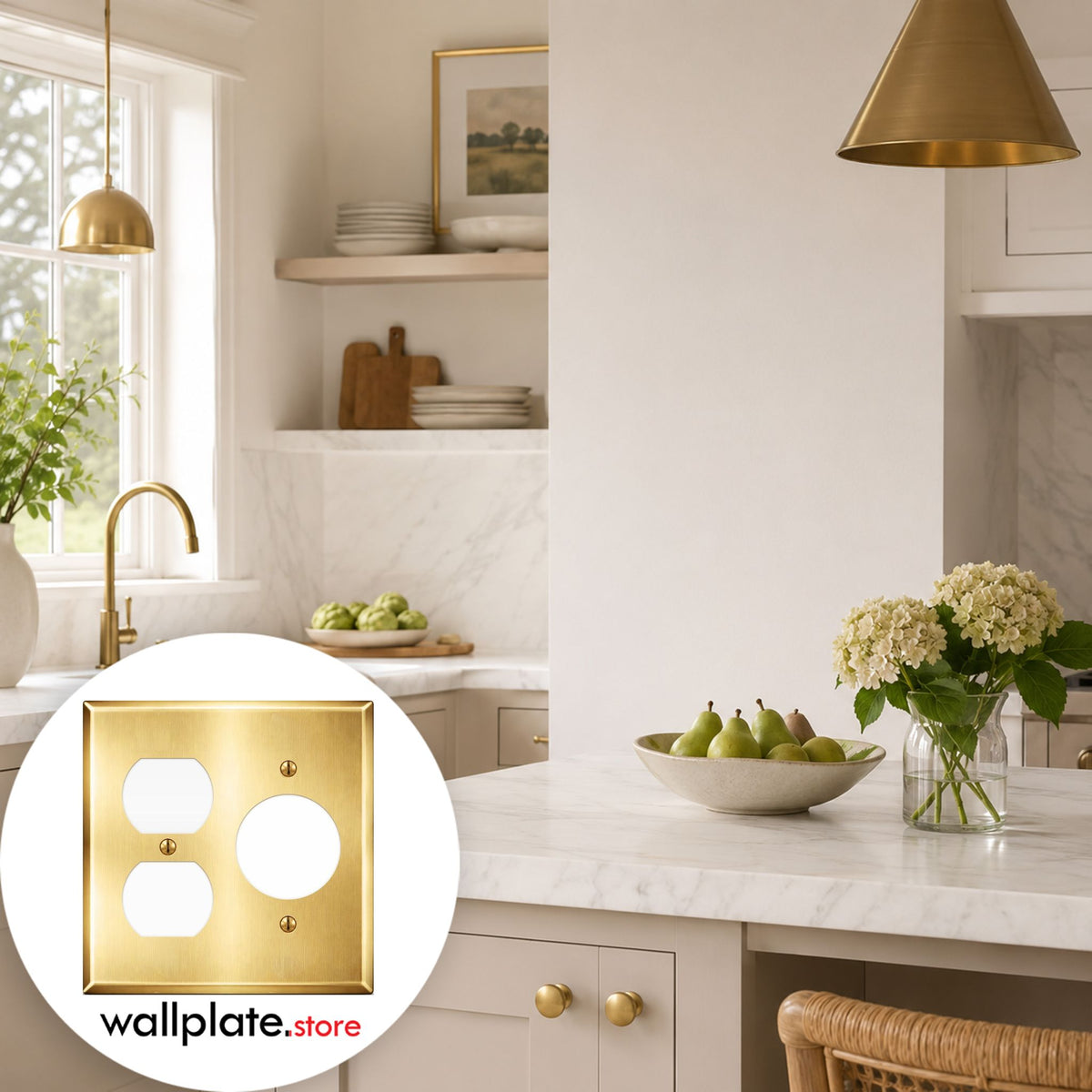 2-Gang, Standard Size, (1) Duplex (1) 20A TL Round Receptacle Opening, Satin Brass Finish, Made in USA