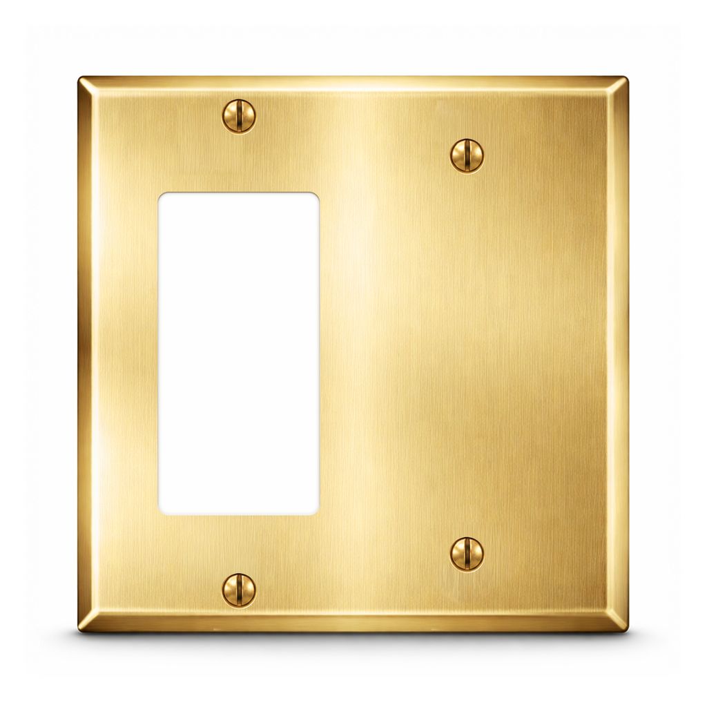 2-Gang, Standard Size, 1 GFI / Decorator Opening, 1 Blank Opening, Satin Brass Finish, Metal Wall Plate Outlet Cover - Made in USA