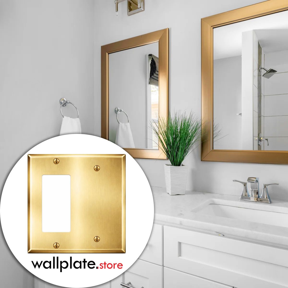 2-Gang, Standard Size, 1 GFI / Decorator Opening, 1 Blank Opening, Satin Brass Finish, Metal Wall Plate Outlet Cover - Made in USA