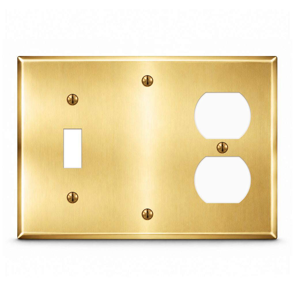 3-Gang, Standard Size, 1 Toggle, 1 Blank, 1 Duplex, Satin Brass Finish, Painted Metal Wall Plate Outlet Cover - Made in USA