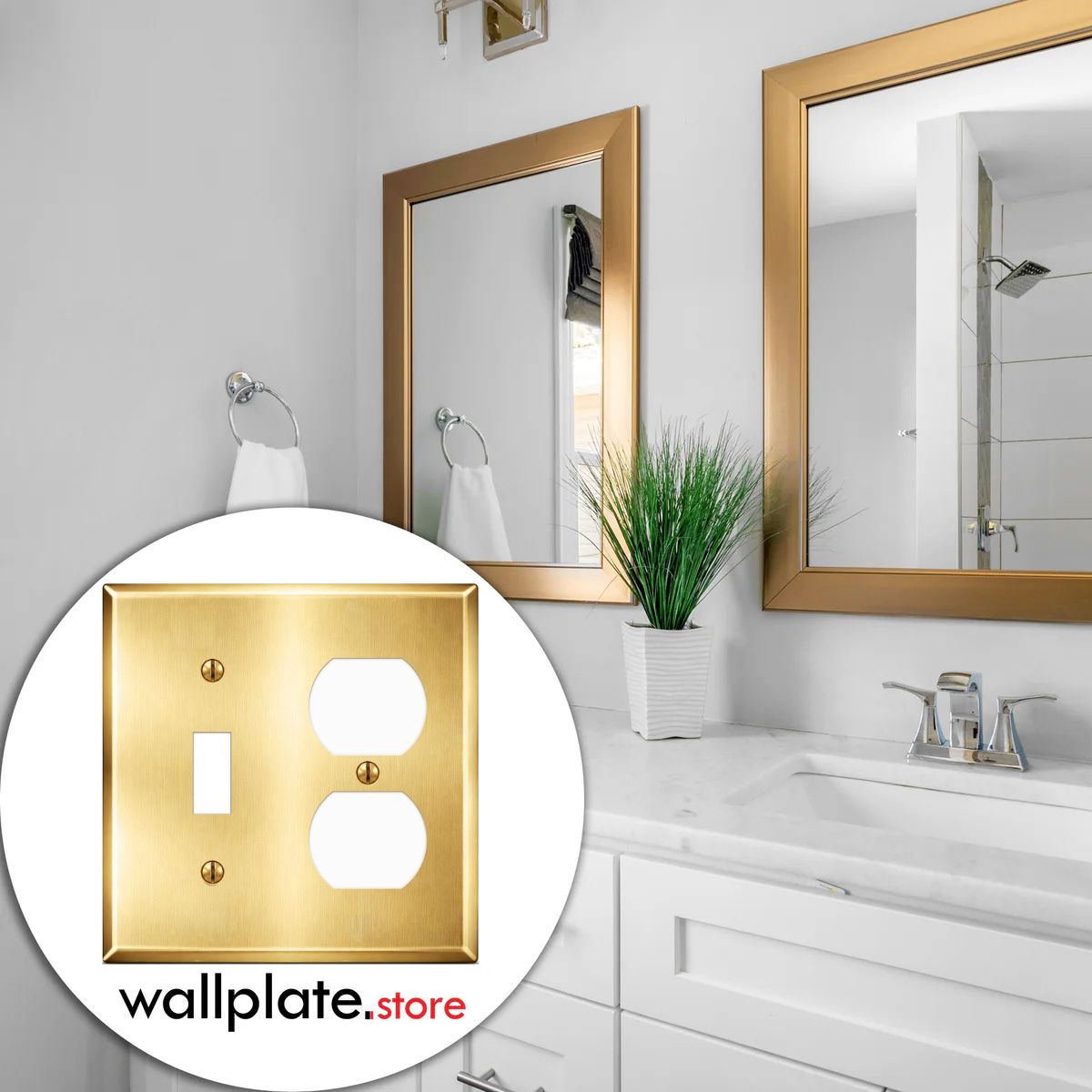2-Gang, Standard Size, 1 Toggle / 1 Duplex Opening, Satin Brass Finish, Metal Wall Plate Outlet Cover - Made in USA