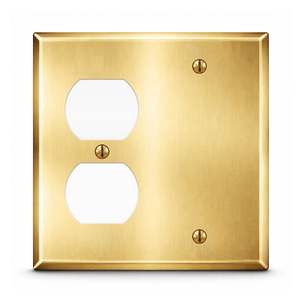 2-Gang, Standard Size, 1 Duplex, 1 Blank Opening, Satin Brass Finish, Painted Metal Wall Plate Outlet Cover - Made in USA