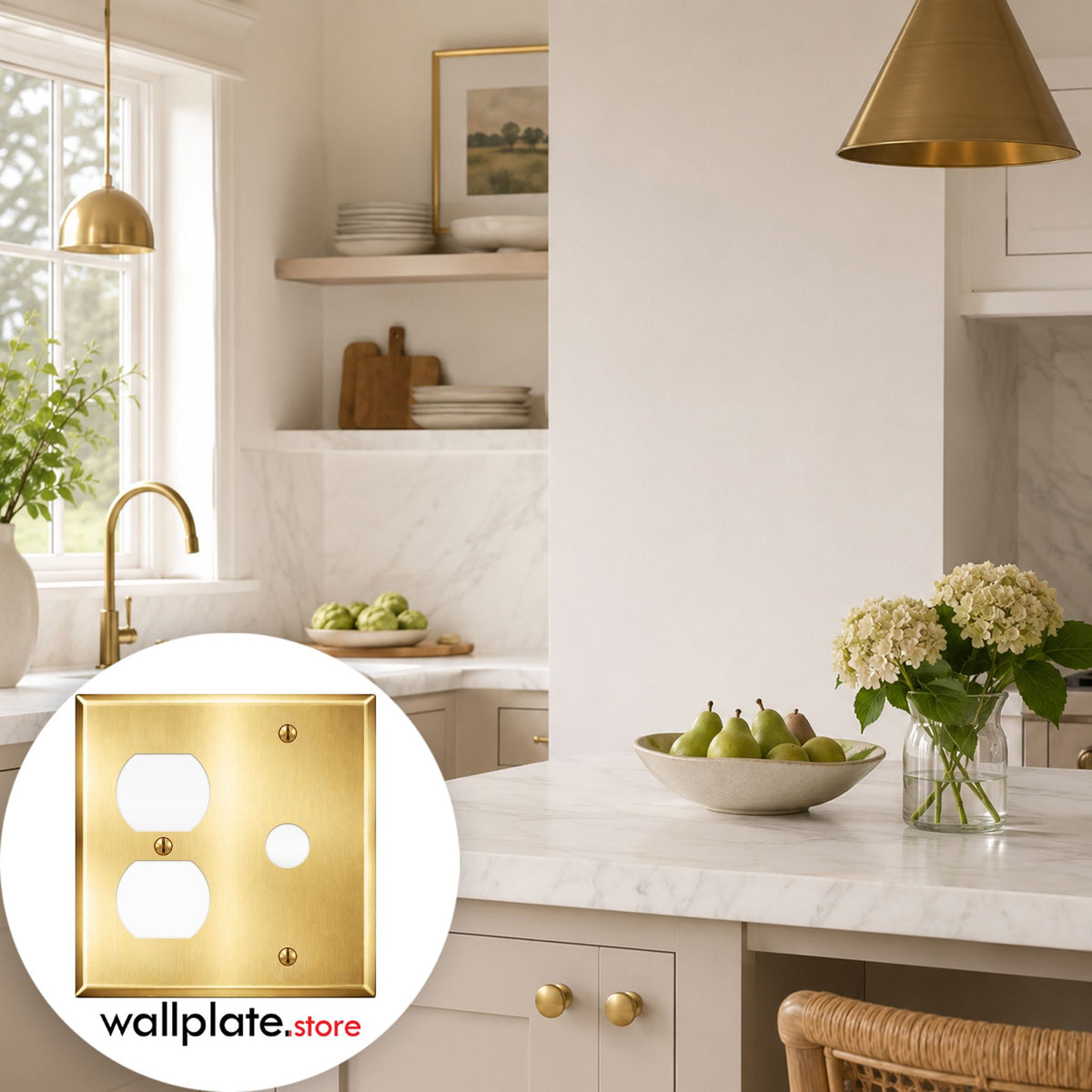 2-Gang Wallplate, Standard Size, Duplex & Telephone Opening (5/8 in. ID), Satin Brass Finish Metal Wall Plate Cover - Made in USA