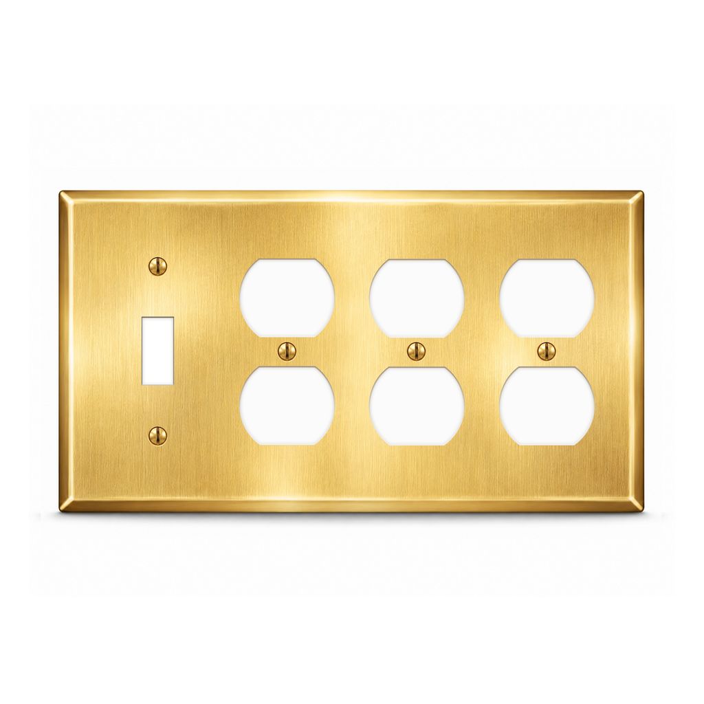 4-Gang Wallplate, Standard Size, 1 Toggle Switch & 3 Duplex Outlet Openings, Satin Brass Finish Metal Wall Plate Cover - Made in USA