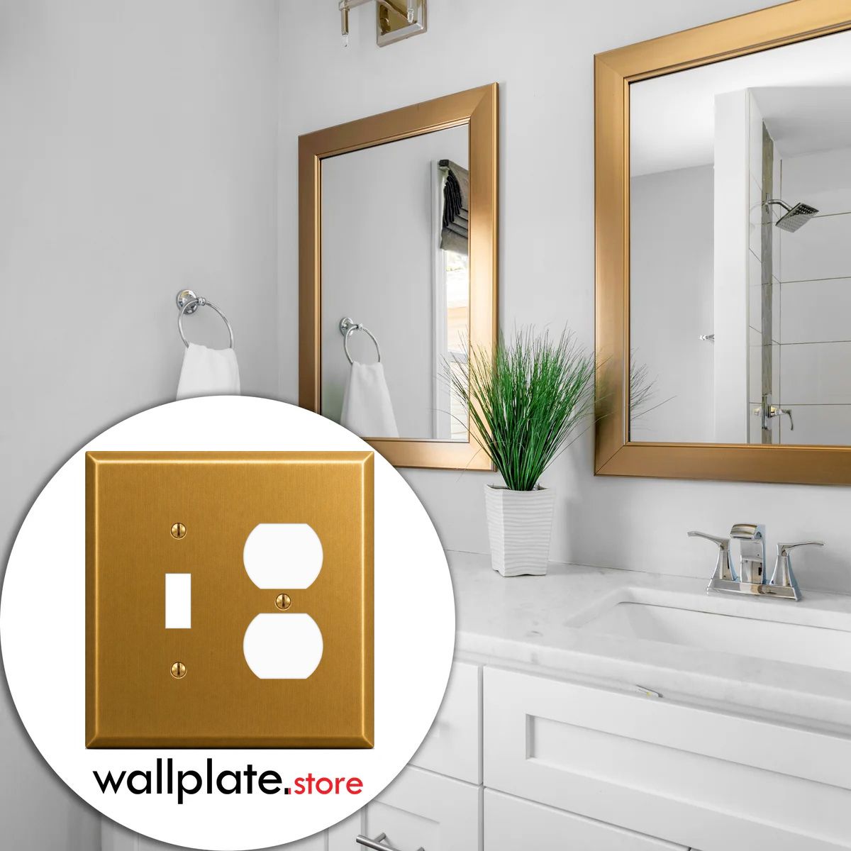 2-Gang, Oversize, 1 Toggle, 1 Duplex Opening, Satin Brass Finish, Metal Wall Plate Outlet Cover - Made in USA