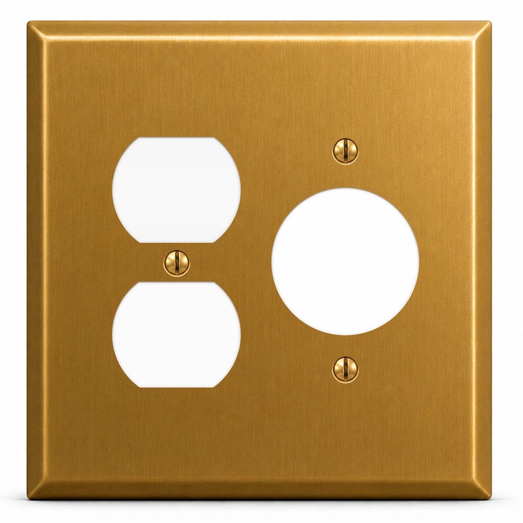 2-Gang, Oversize, 1 Duplex, 1 Single Receptacle Opening, Satin Brass Finish, Metal Wall Plate Outlet Cover - Made in USA