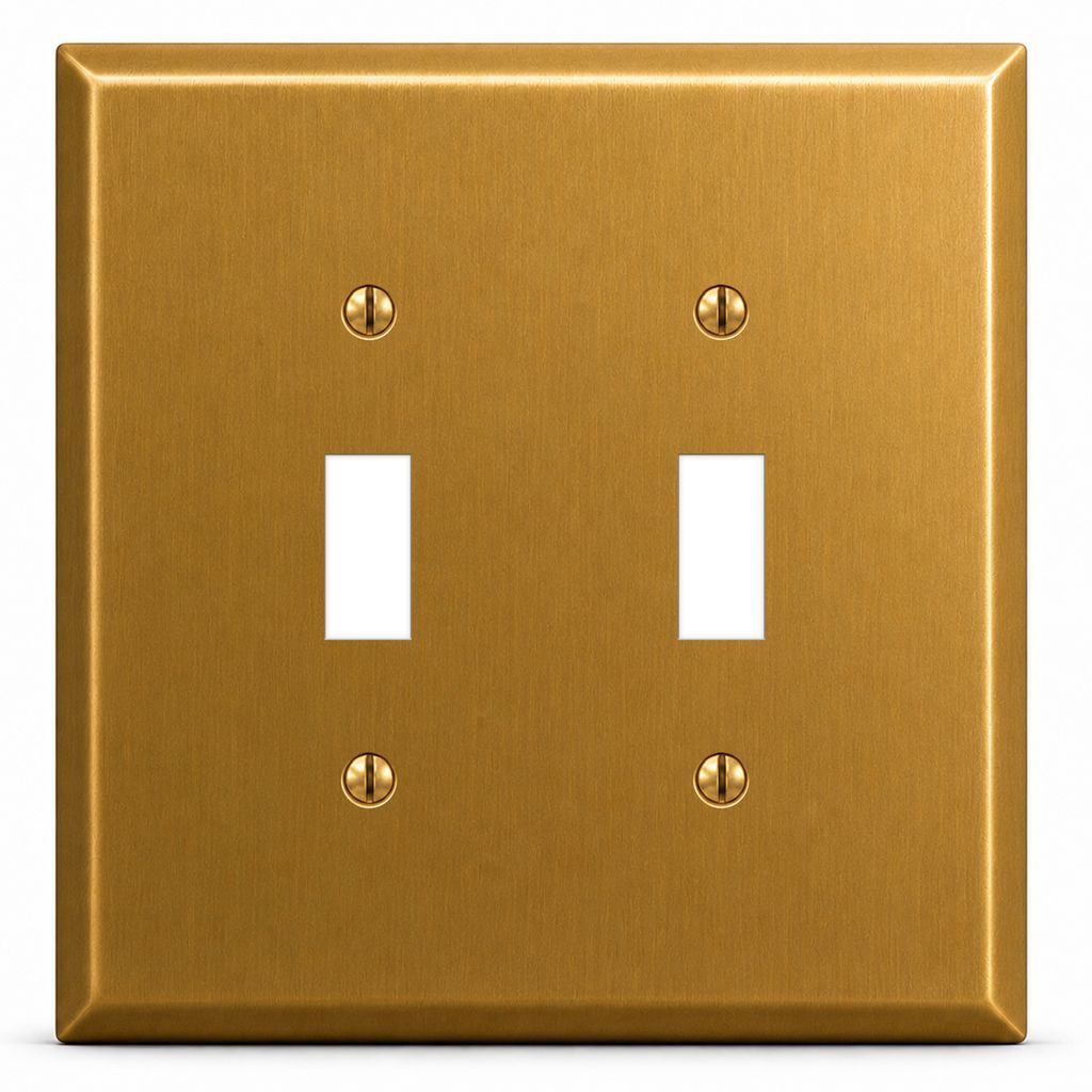 2-Gang, Oversize Size, 2 Toggle Openings, Satin Brass Finish, Solid Brass Metal Wall Plate Outlet Cover - Made in USA