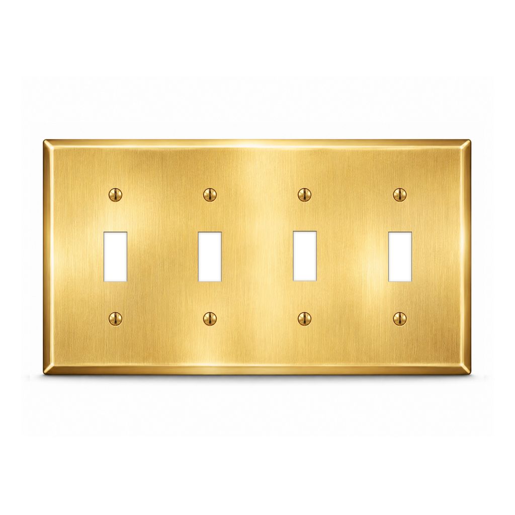 4-Gang, Oversize Size, 4 Toggle Openings, Satin Brass Finish, Solid Brass Metal Wall Plate Outlet Cover - Made in USA