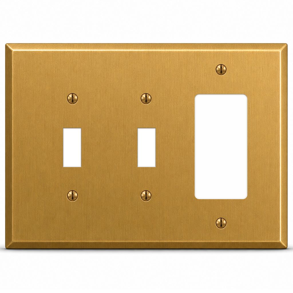 3-Gang, Oversize Size, 2 Toggle, 1 GFCI/Decorator Opening, Satin Brass Finish, Solid Brass Metal Wall Plate Outlet Cover - Made in USA