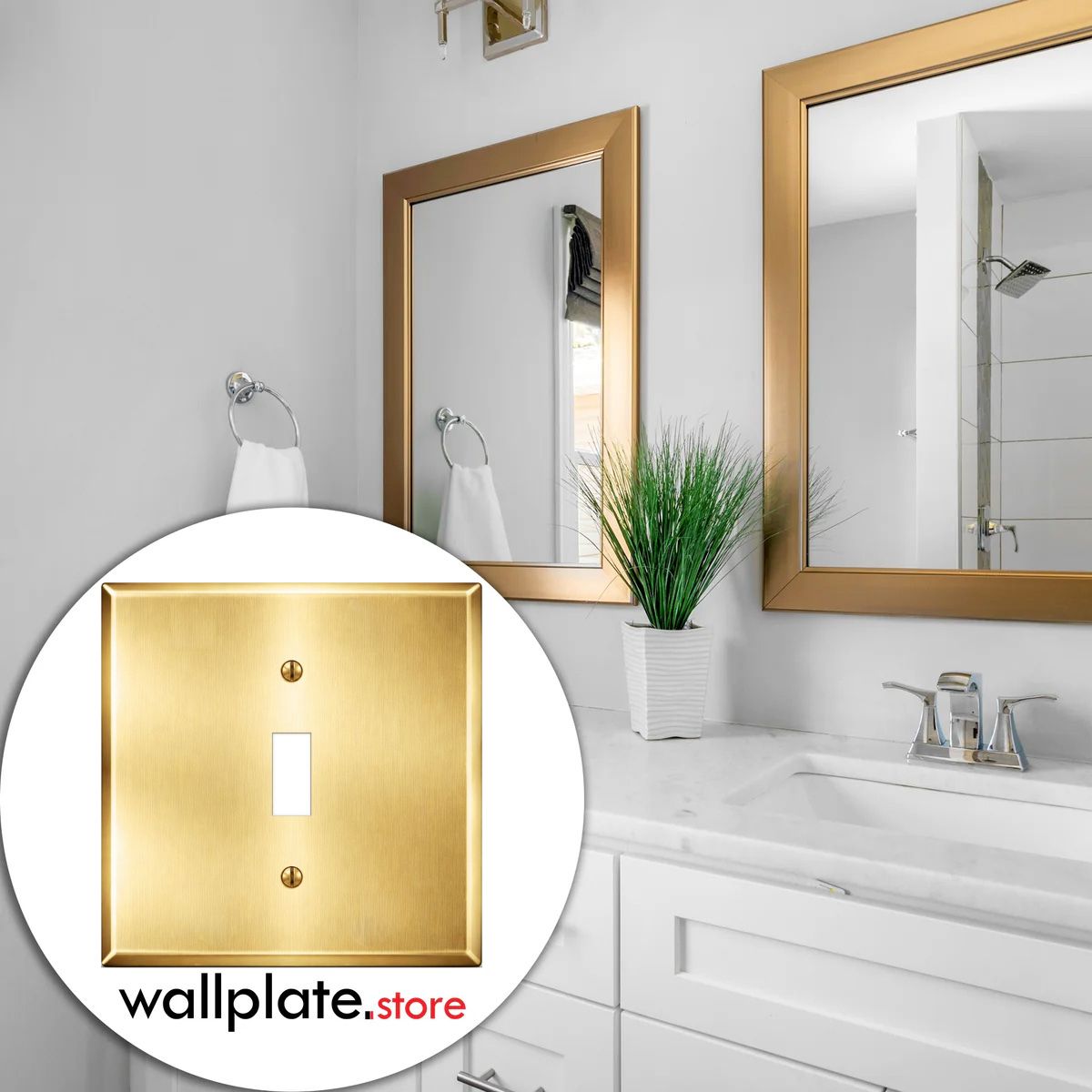 2-Gang, Oversize Size, 1 Centered Toggle Opening, Satin Brass Finish, Solid Brass Metal Wall Plate Outlet Cover - Made in USA