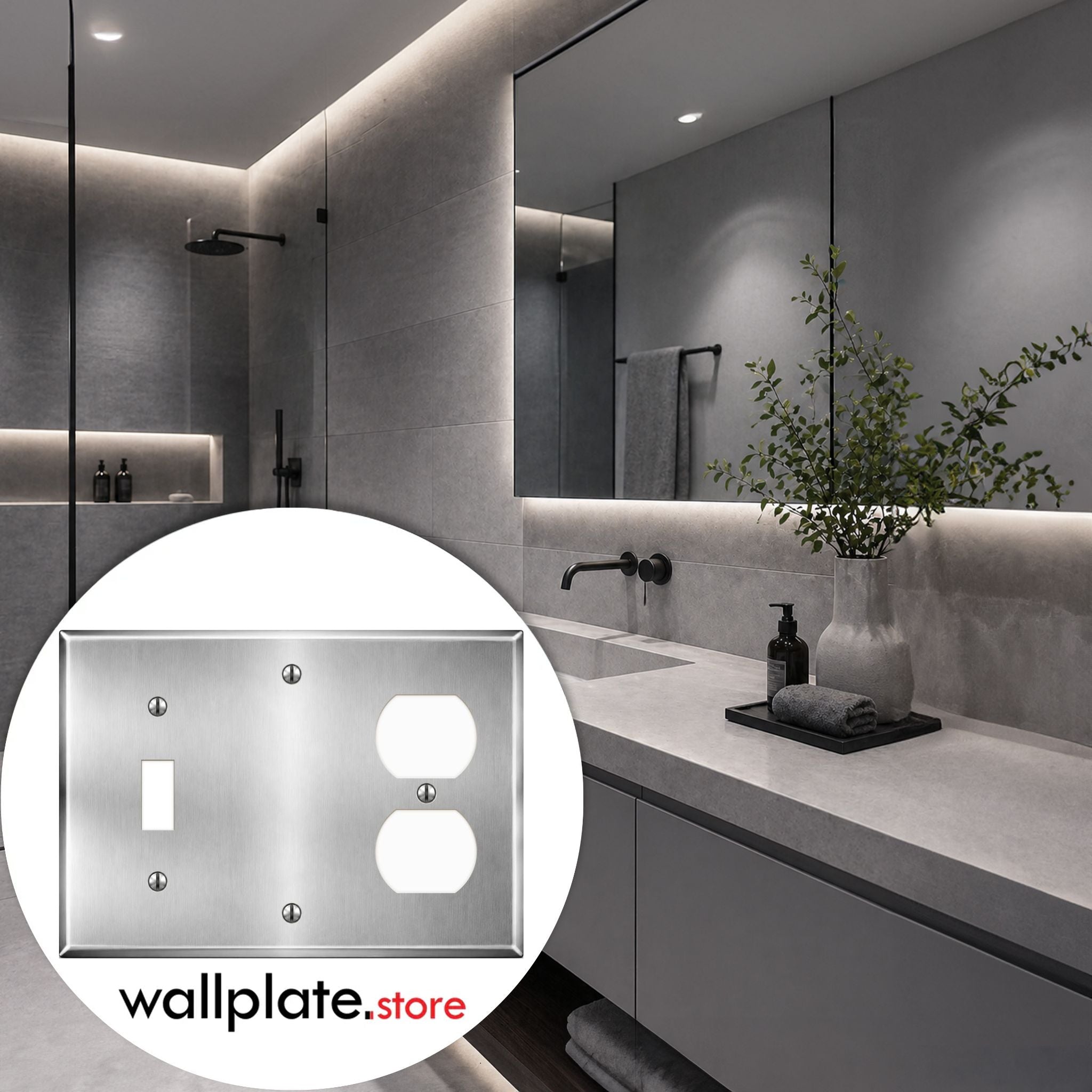 3-Gang, Standard Size, 1 Toggle, 1 Blank, 1 Duplex Opening, Metallic Finish, Metal Wall Plate Outlet Cover - Made in USA