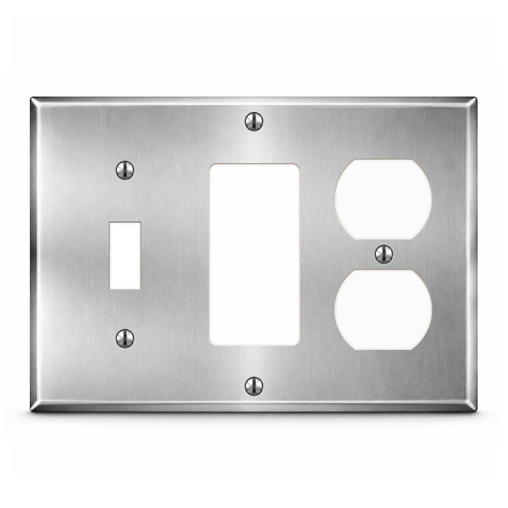 3-Gang, Standard Size, (1) Toggle, (1) GFI, (1) Duplex Opening, Metallic Finish, Metal Wall Plate Outlet Cover - Made in USA