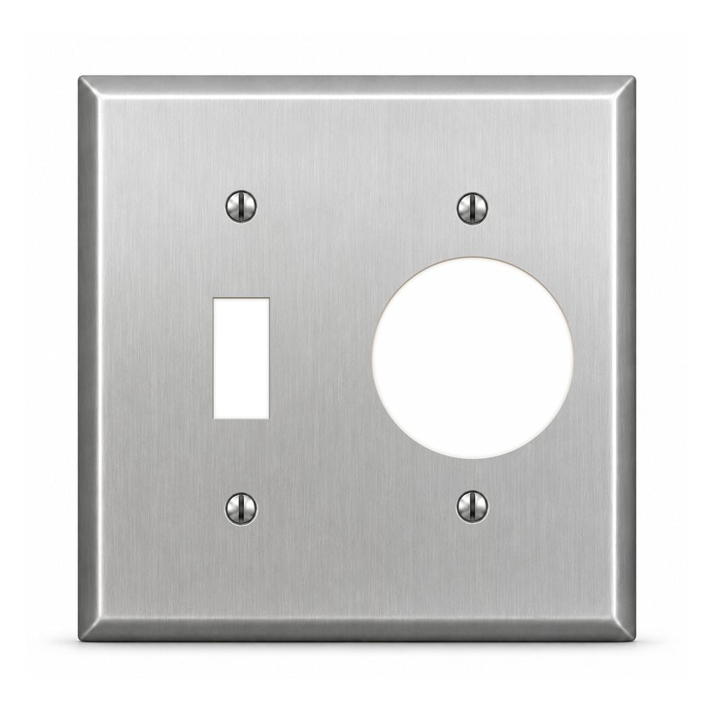 2-Gang, Standard Size, Toggle and Single Receptacle Opening, Metallic Finish, Metal Wall Plate Outlet Cover - Made in USA