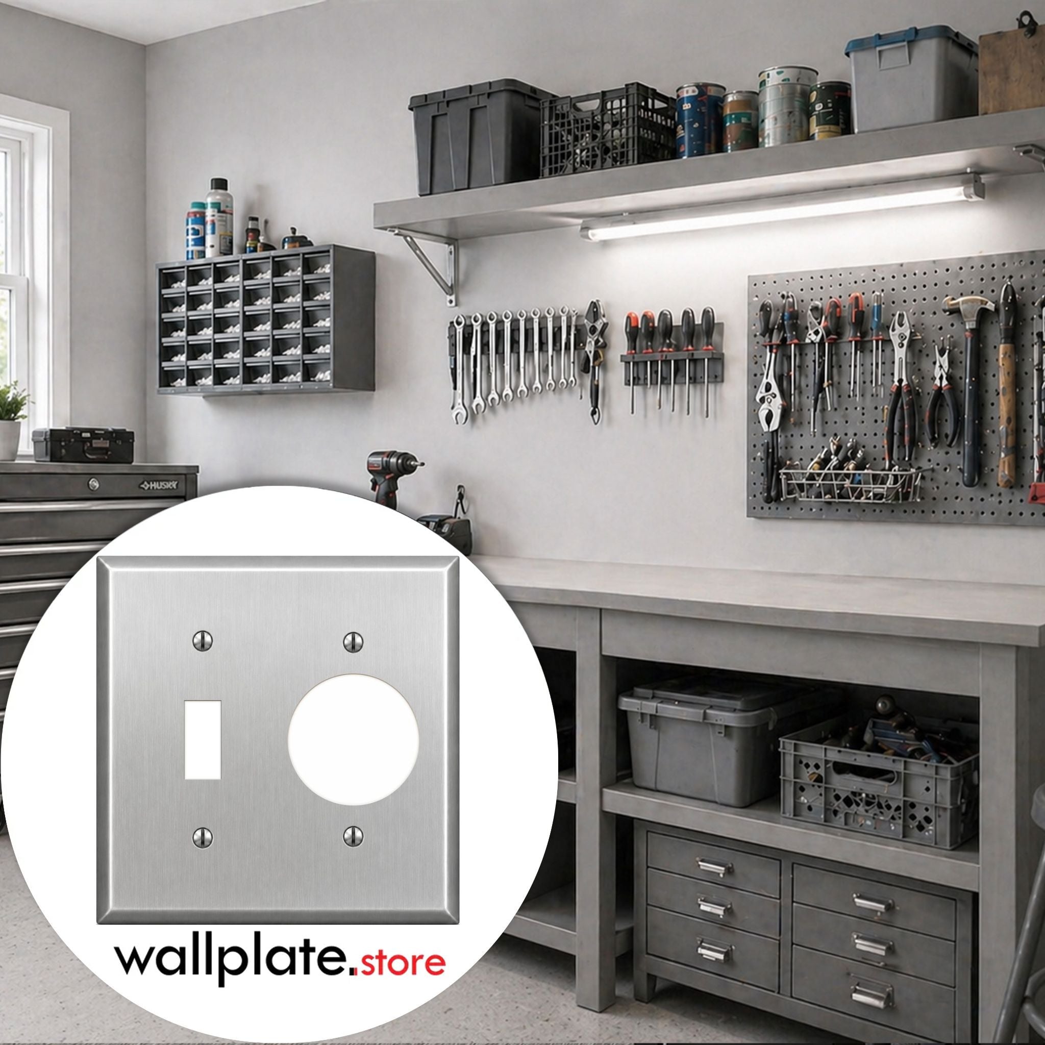 2-Gang, Standard Size, Toggle and Single Receptacle Opening, Metallic Finish, Metal Wall Plate Outlet Cover - Made in USA