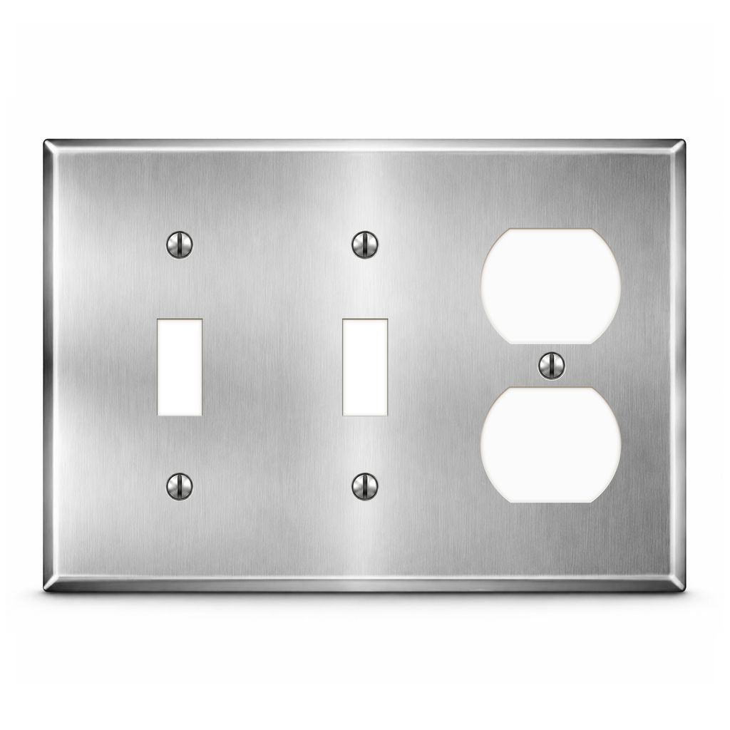 3-Gang, Standard Size, 2 Toggle, 1 Duplex Opening, Metallic Finish, Metal Wall Plate Outlet Cover - Made in USA