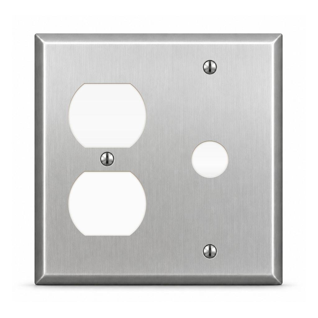 2-Gang, Standard Size, 1 Duplex, 1 Telephone Opening, Metallic Finish, Metal Wall Plate Outlet Cover - Made in USA