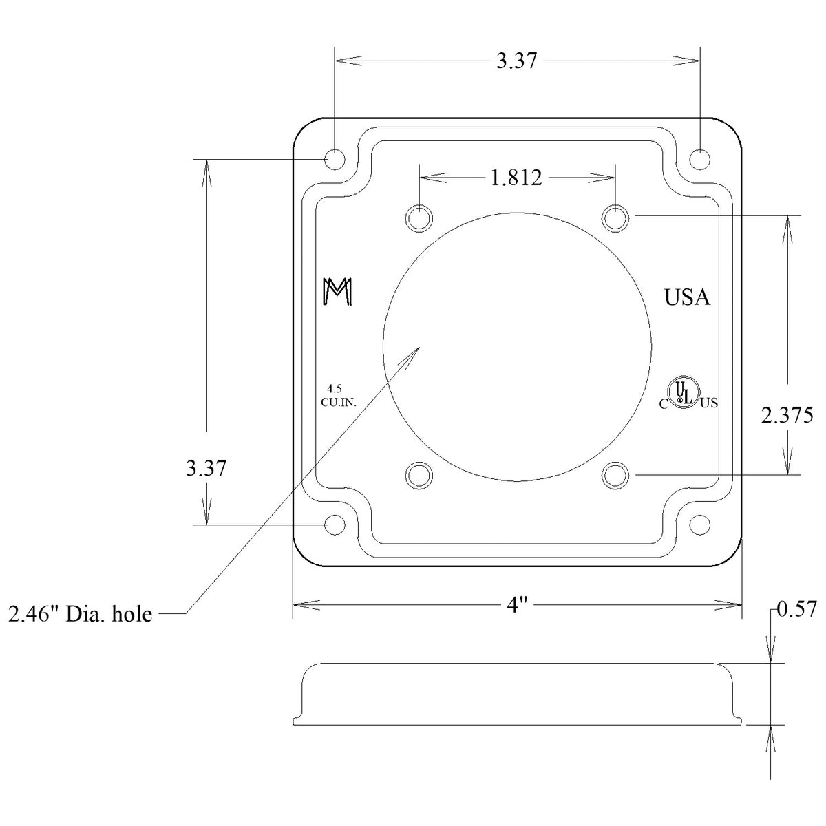 4 Inch Square Raised Box Cover for 2.48 Inch Diameter Power Outlet – Galvanized Steel - Made in USA