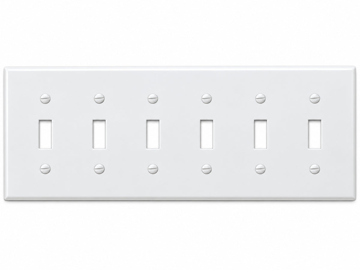 6-Gang, Standard Size, 6 Toggle Switch Openings, White Finish, Thermoplastic Wall Plate Outlet Cover