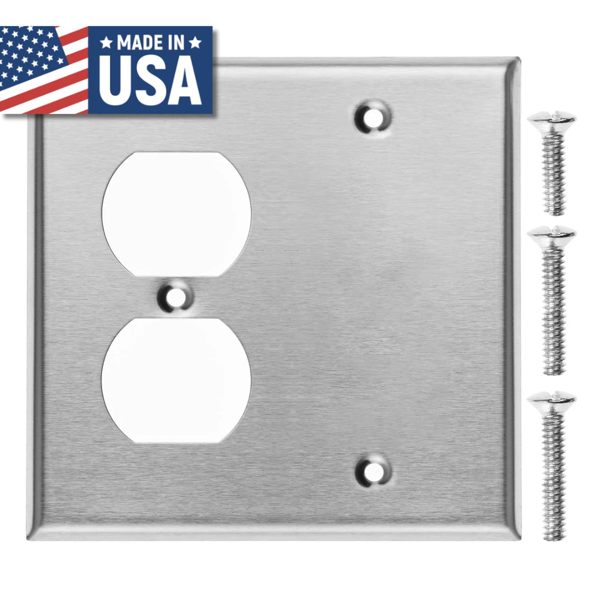 2 Gang Stainless Steel Duplex Receptacle and Blank Wall Plate - Made in USA