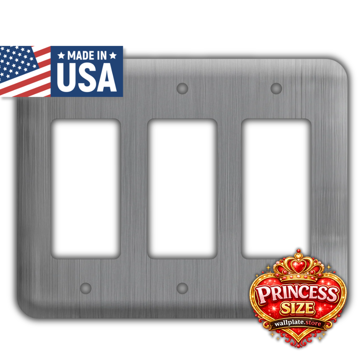 3-Gang Stainless Steel, Princess Size Decora® Rocker/GFCI Switch Wall Plate – Made in USA