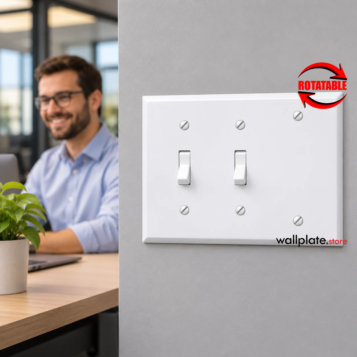 3 gang metal wall plates with 2 toggle + 1 blank opening installed with toggle light switches inside a office setting.