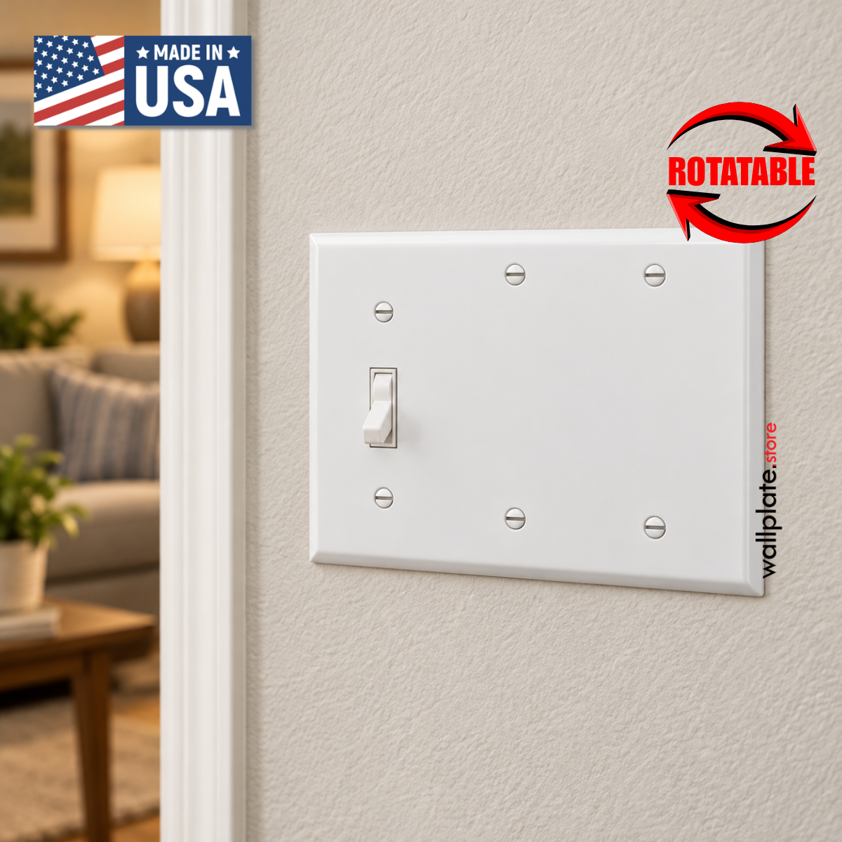 3-Gang metal wall plate with 1 toggle and 2 blank openings, in satin white finish, installed in a hallway next to living room.