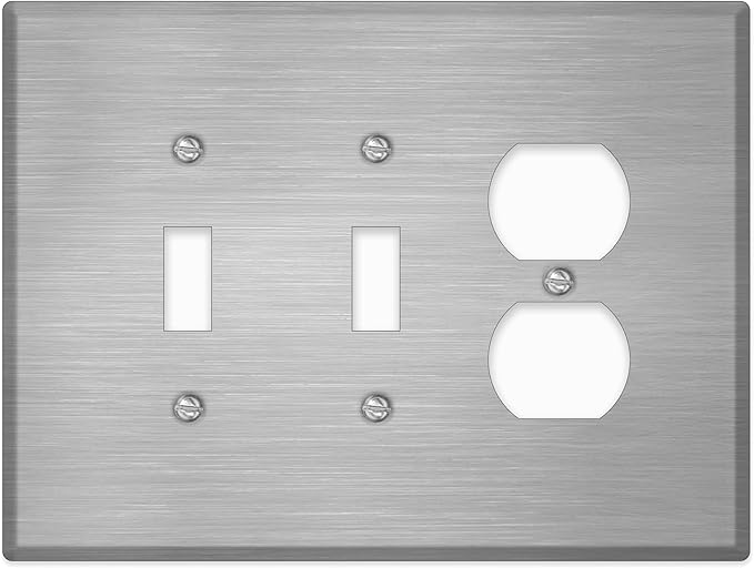 3 Gang Oversized, 2 Toggle Switches and 1 Duplex Receptacle , Stainless Steel Wallplate