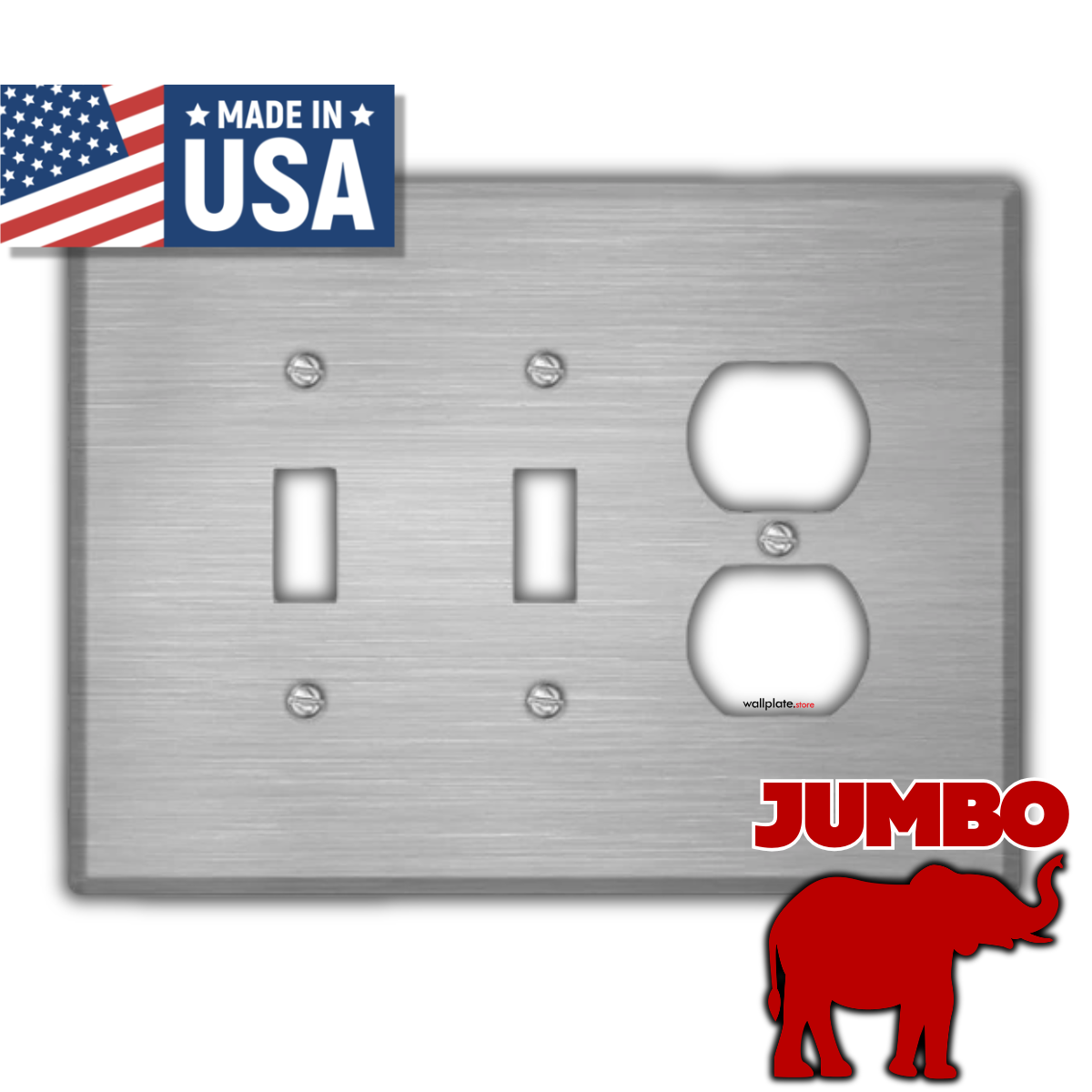 3 Gang Oversized, 2 Toggle Switches and 1 Duplex Receptacle , Stainless Steel Wallplate