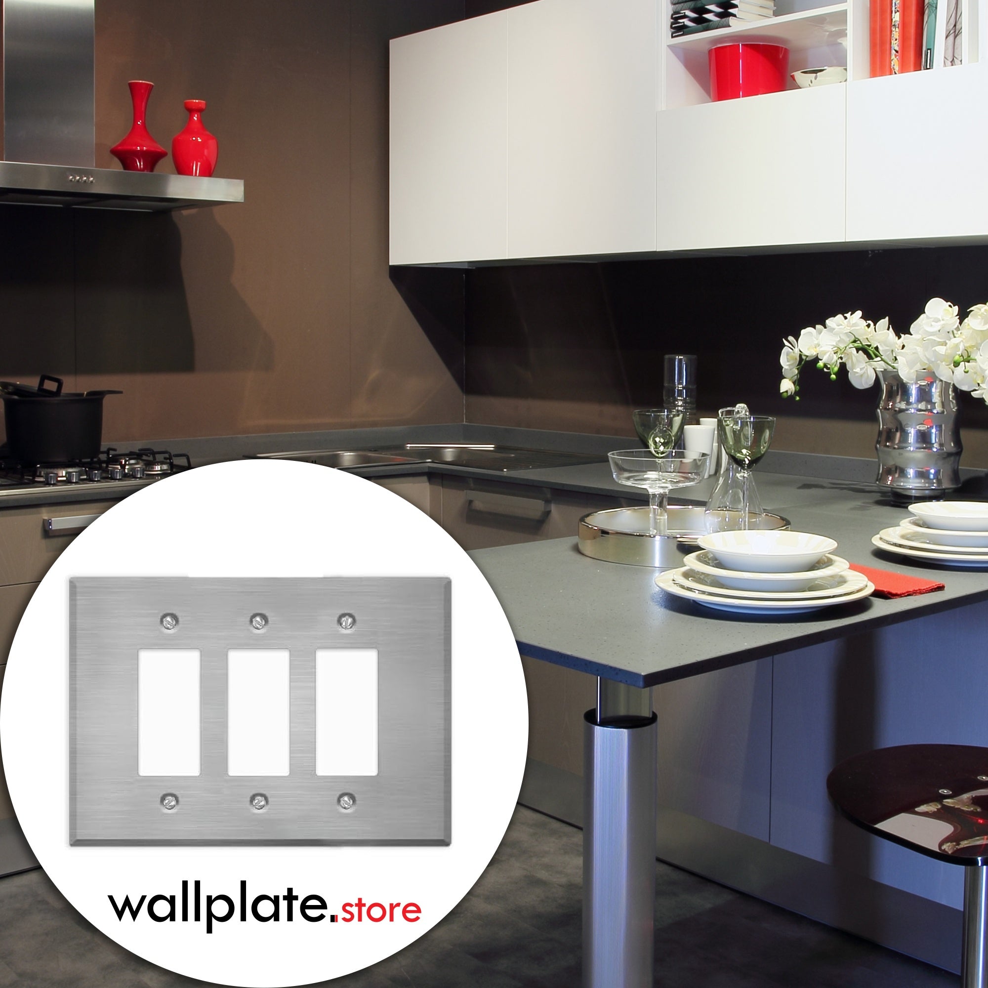 3 Gang Oversized, Rocker Switch Stainless Steel Wallplate in use