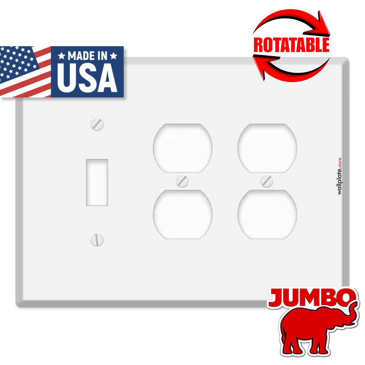 3 Gang Oversized, with 1 toggle and 2 duplex, White Painted Metal Wallplate - Made in USA
