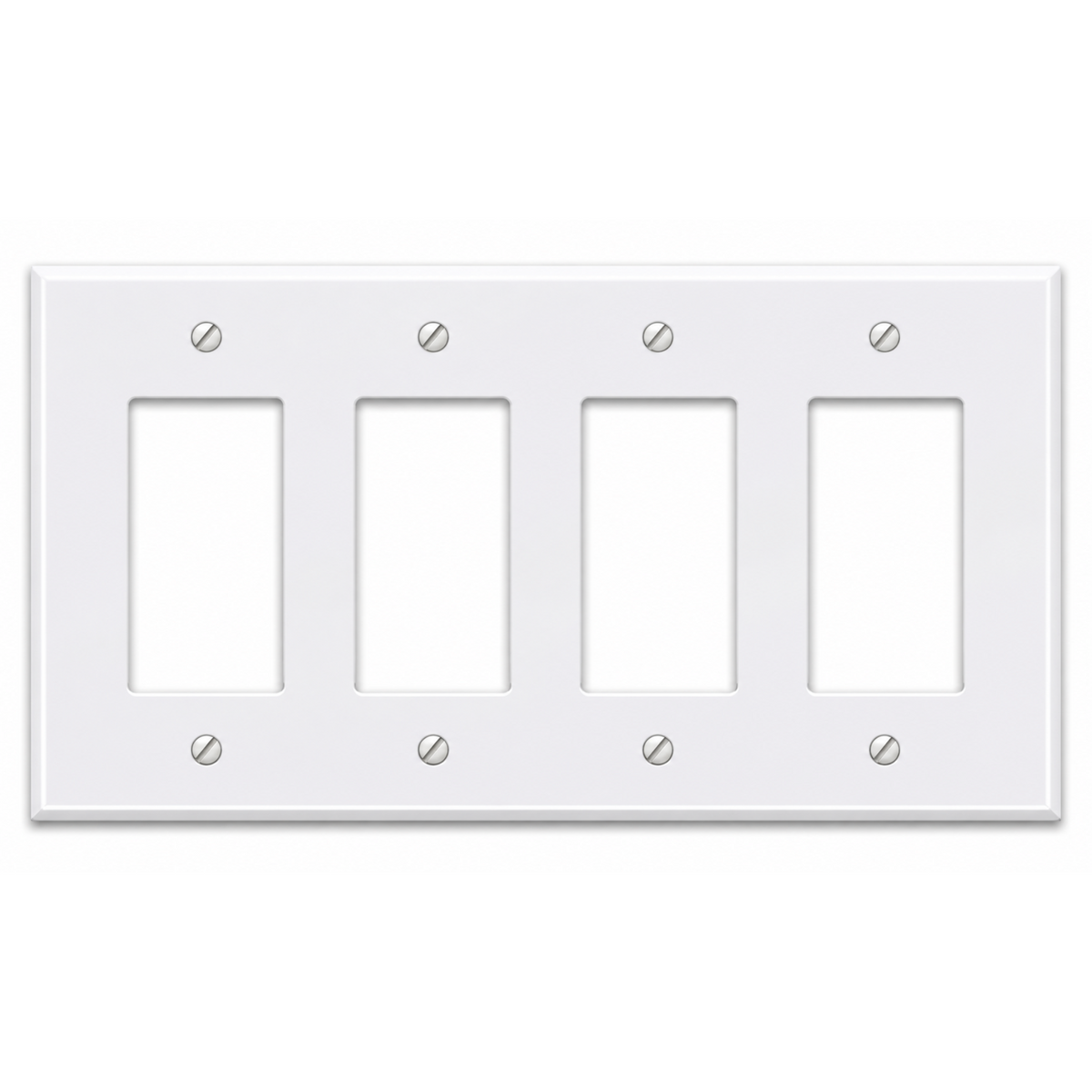 Layout and dimensions of a 4 gang jumbo oversized wall plate with decora block GFCI openings.