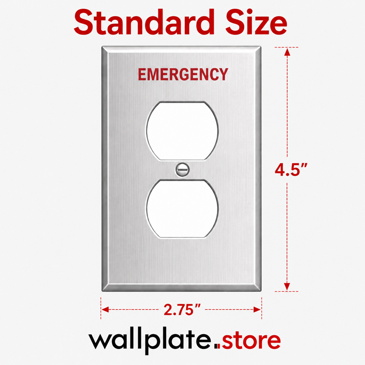 1-Gang Emergency Duplex Outlet Wall Plate – Type 304 Stainless Steel, Red Engraved, Made in USA