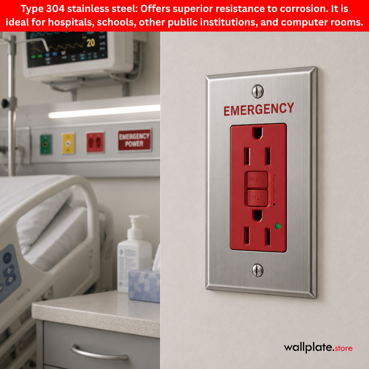1-Gang Wall Plate, Block Duplex/GFI Receptacle Opening, Type 304 Stainless Steel, Engraved Red “Emergency”