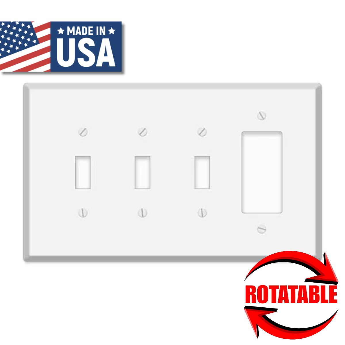 4 Gang Jumbo with 3 Toggle and 1 GFI, White Painted Metal Wallplate - Made in USA