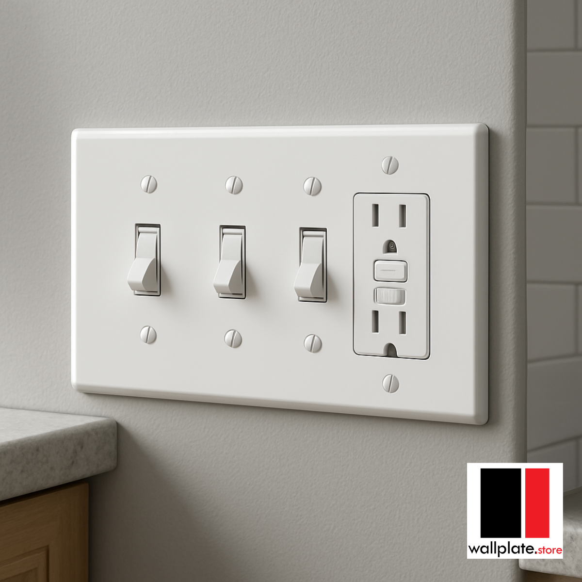 4 Gang Jumbo with 3 Toggle and 1 GFI, White Painted Metal Wallplate - Made in USA