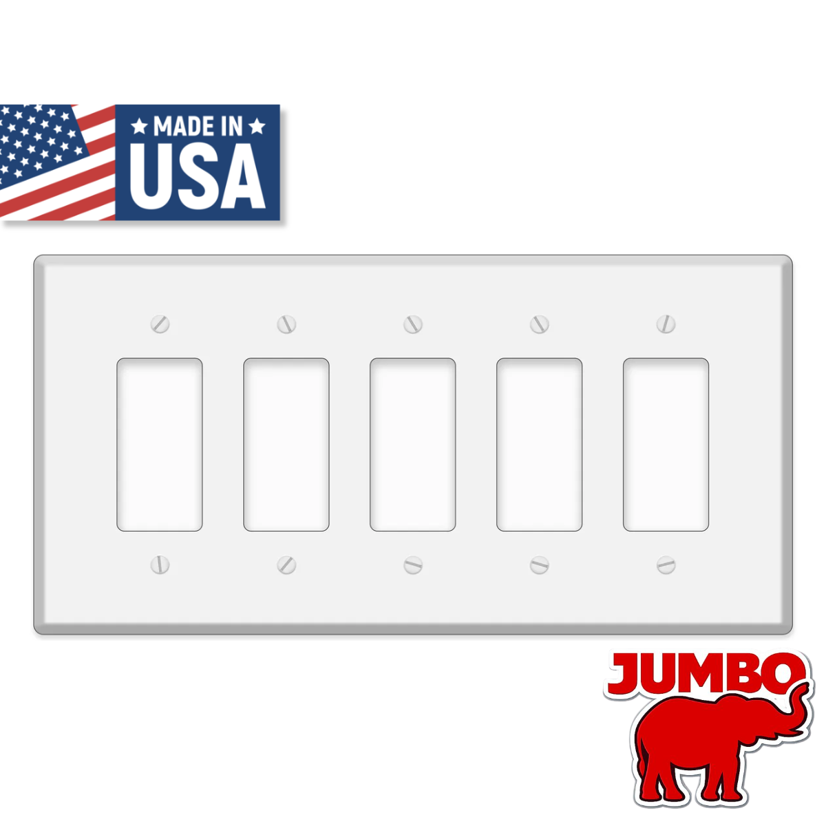 5-Gang Jumbo Oversize Wall Plate Cover – Compatible with Decora® Devices – White Painted Metal – Made in USA