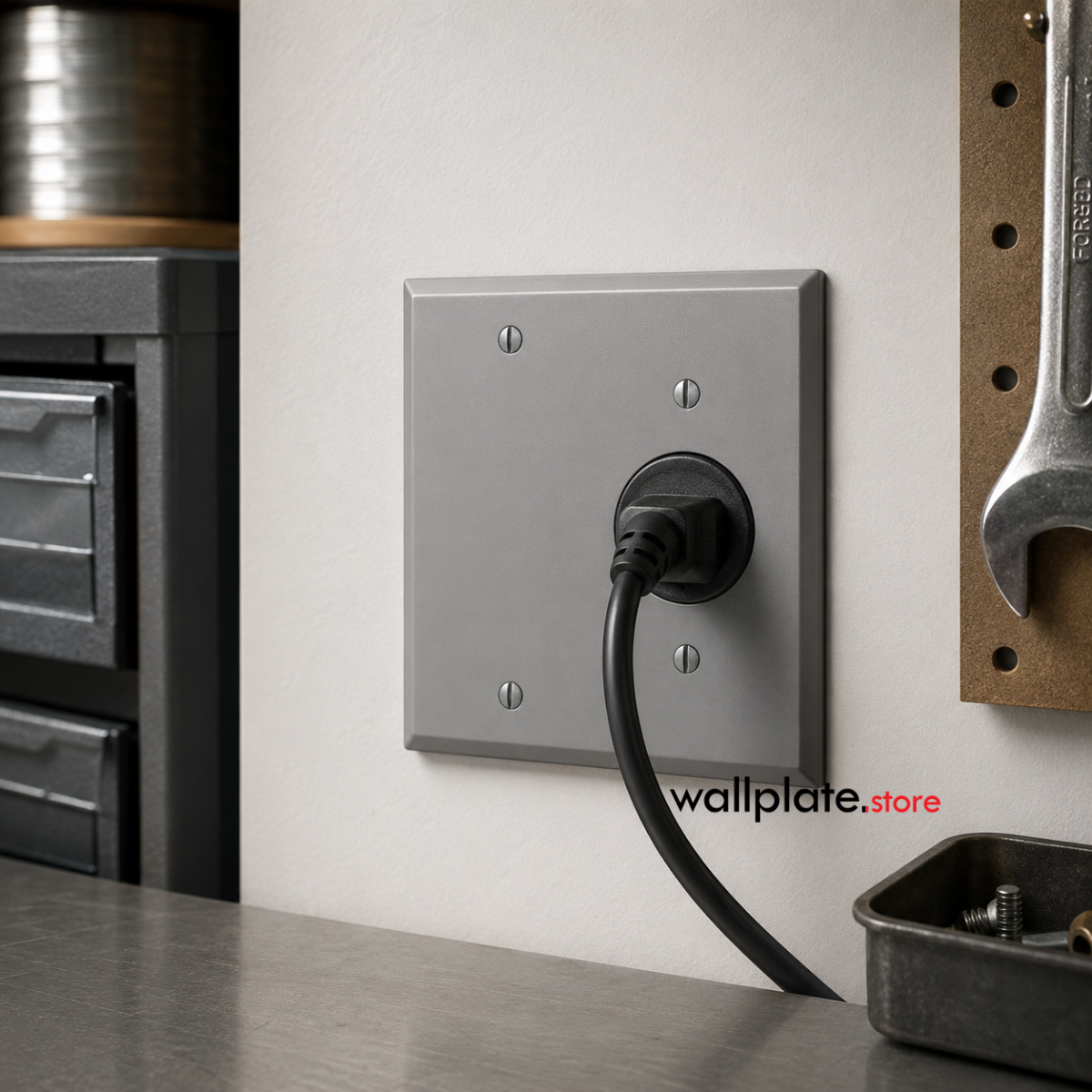 2-gang with (1) single receptacle opening (1.405 in. ID) (1) blank, standard size, painted metal wallplate Made in USA