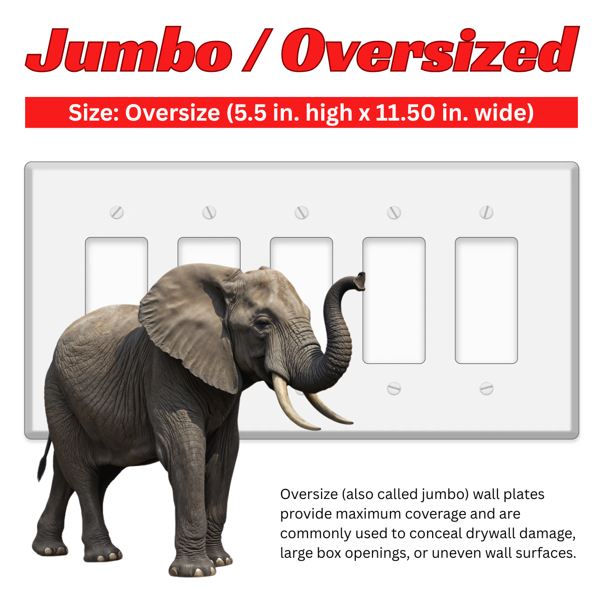 5-Gang Jumbo Oversize Wall Plate Cover – Compatible with Decora® Devices – White Painted Metal – Made in USA