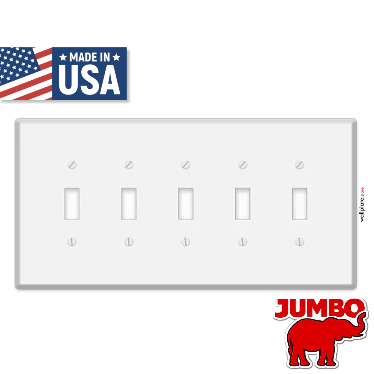 5 Gang Jumbo Oversized Toggle Switch Wall Plate Cover - White Metal - Made in USA