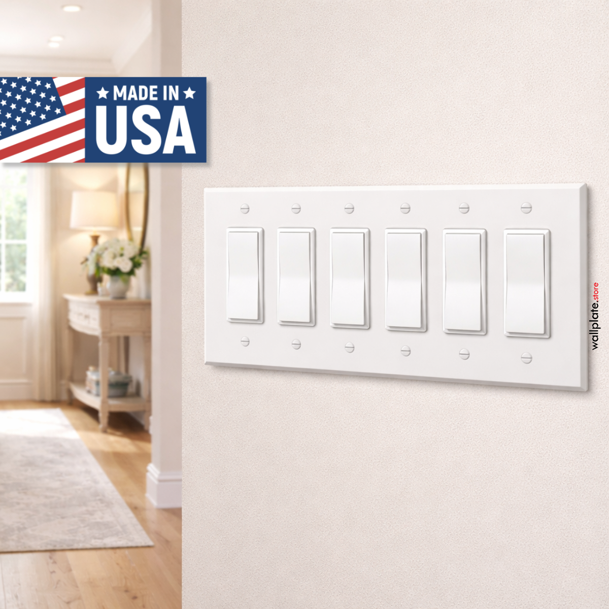 6 Gang White Metal Decora® Style Rocker GFCI Switch Wall Plate Cover - Made in USA