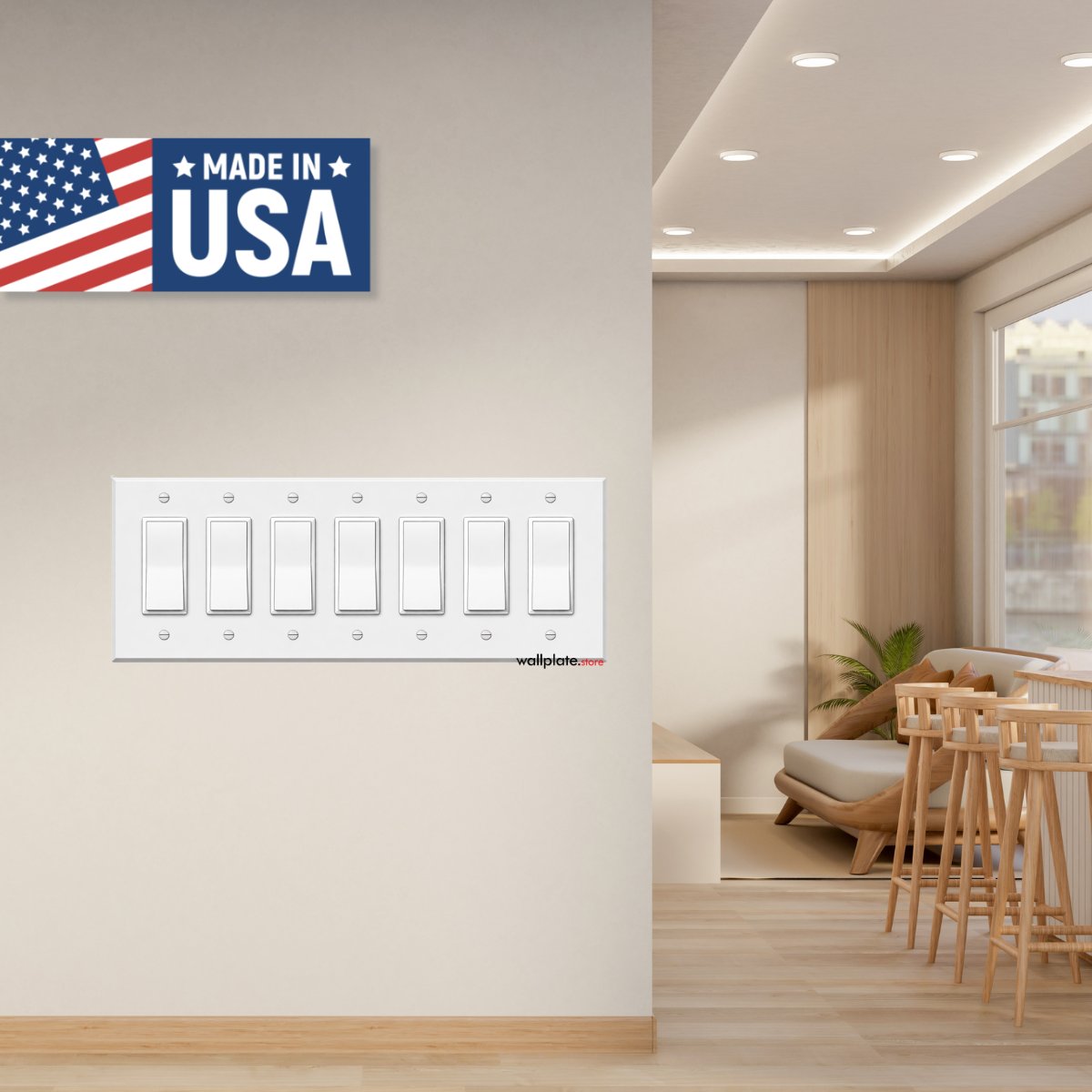 7 Gang white metal block decora wall plate installed in hallway next to a dining room and living room.