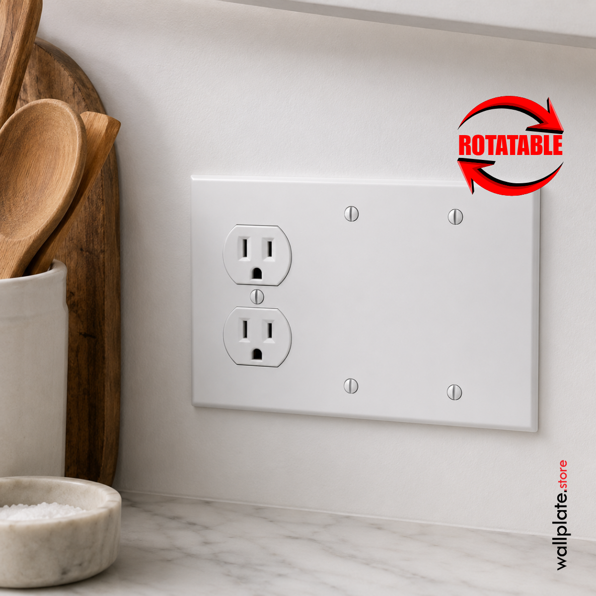 3-Gang, Standard Size, 1 Duplex Receptacle and 2 Blanks, White Semi-Gloss Finish Plate Cover - Made in USA